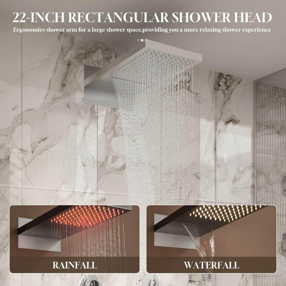 22" Wall-Mount LED Bluetooth Music Thermostatic Rainfall Complete Shower System with Rough in-Valve