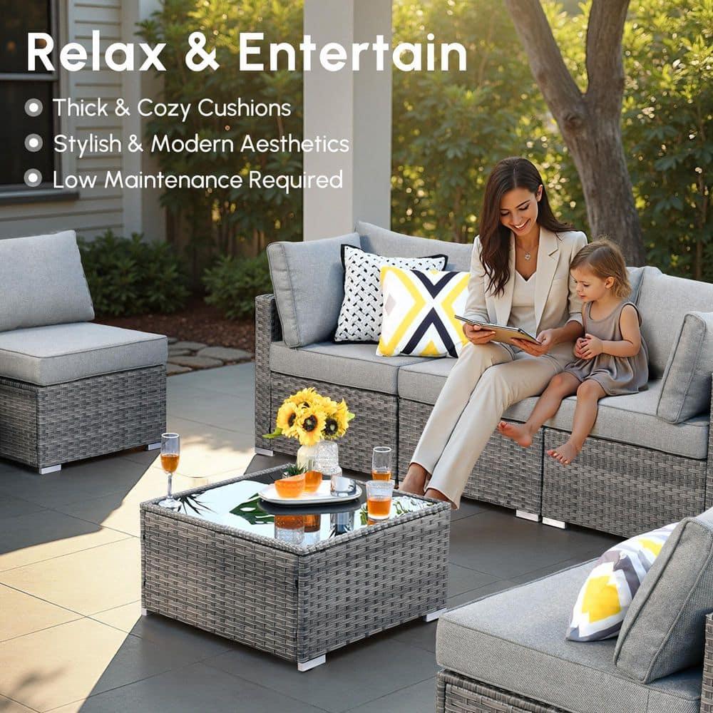 Ovios Venice 11pc Wicker Outdoor Patio Furniture Set Conversation Sofa with a Metal Fire Pit Swivel Chairs and Dark Gray Cushions