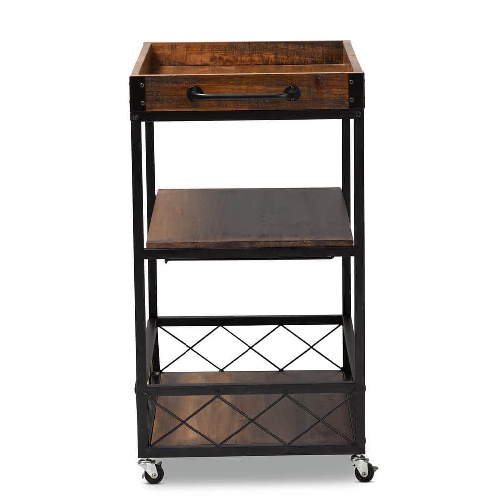 Livi Homes Paloma Mobile Metal Bar Cart with Stemware Rack in Vintage Rustic Industrial Oak Brown and Black