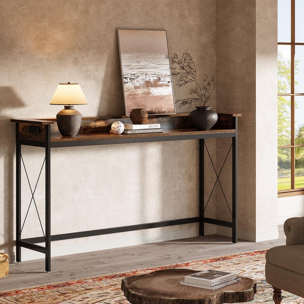 Tribesigns Sofa Table with Outlets and USB Ports, 70.9 inch Console Table, Industrial Entryway Hallway Accent Table for Living Room,Brown & Black