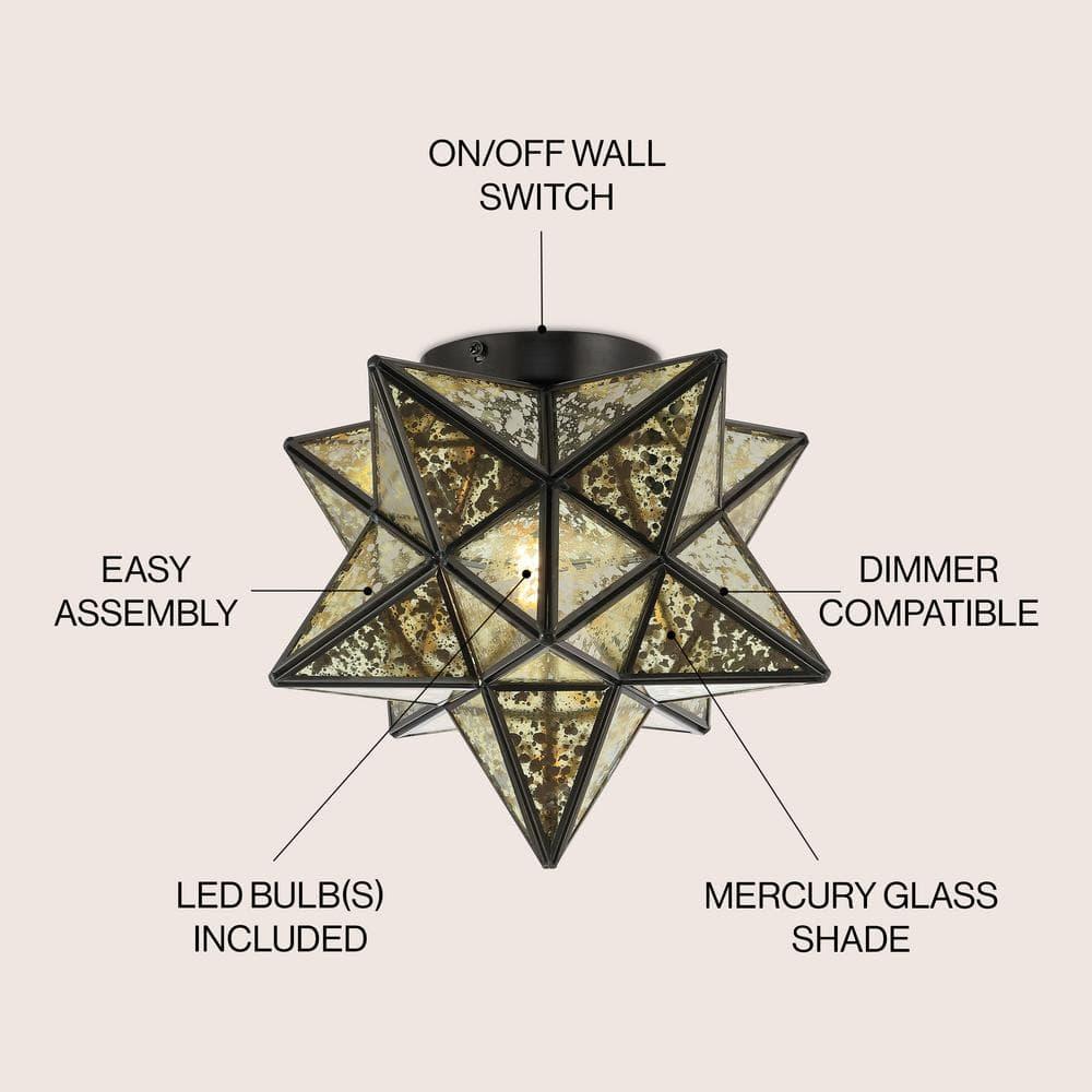 Stella 12" Moravian Star Metal/Mercury Glass LED Flush Mount, Oil Rubbed Bronze
