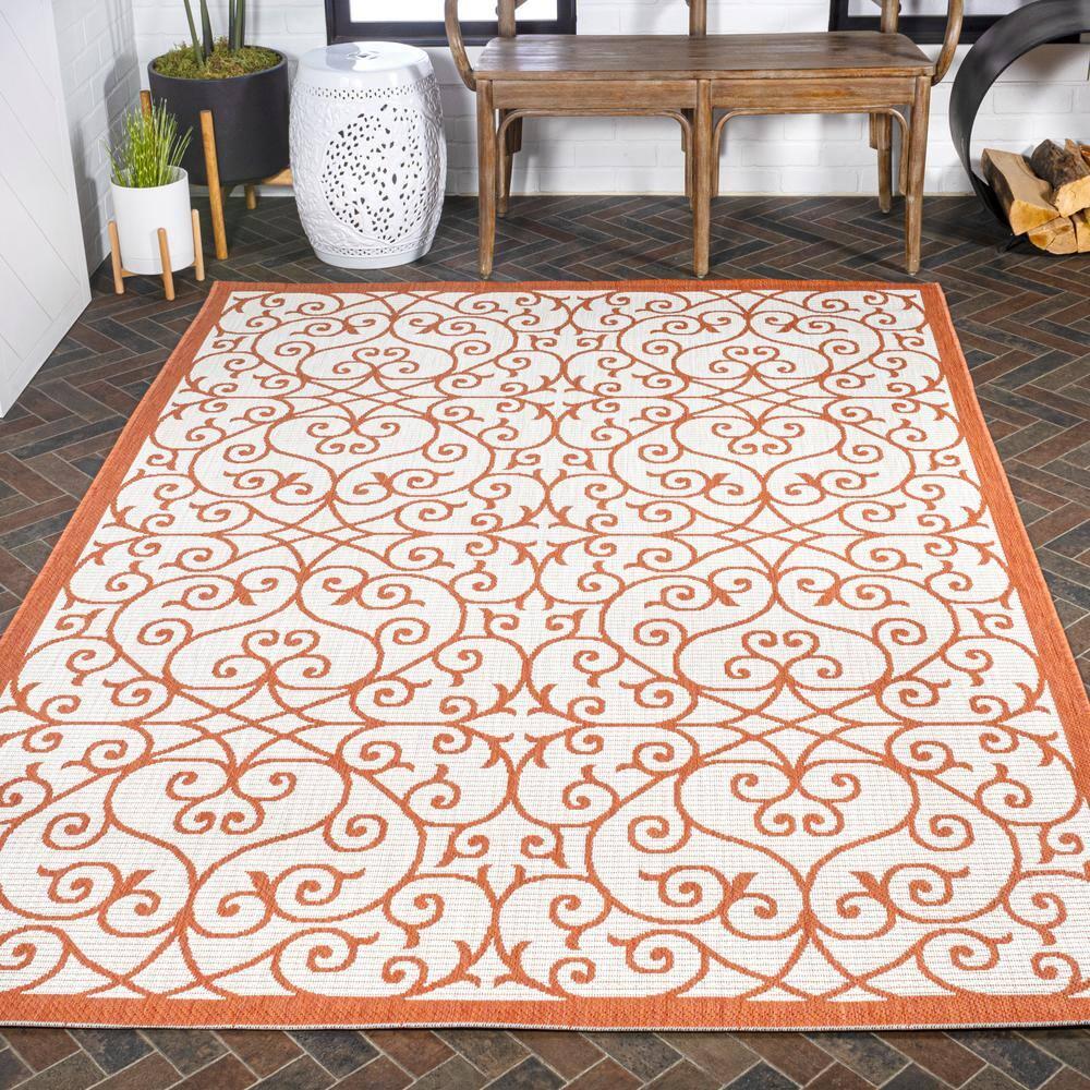 4' x 6' Madrid Vintage Filigree Textured Weave Indoor/Outdoor Area Rug, Cream/Orange - JONATHAN Y