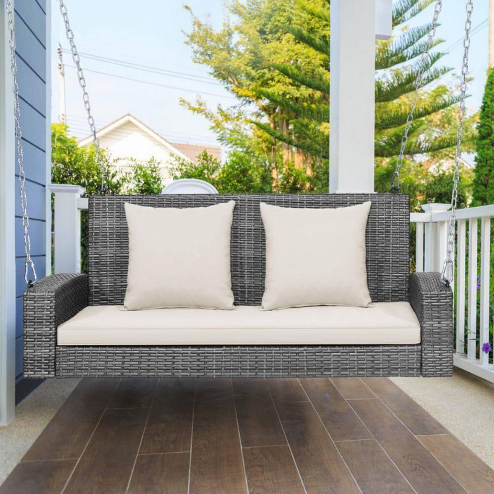 Kadyn Patio Swing Chair, Outdoor Swing Bench,2-Person Patio PE Wicker Hanging Porch Swing Bench Chair Cushion 800 Pounds-White