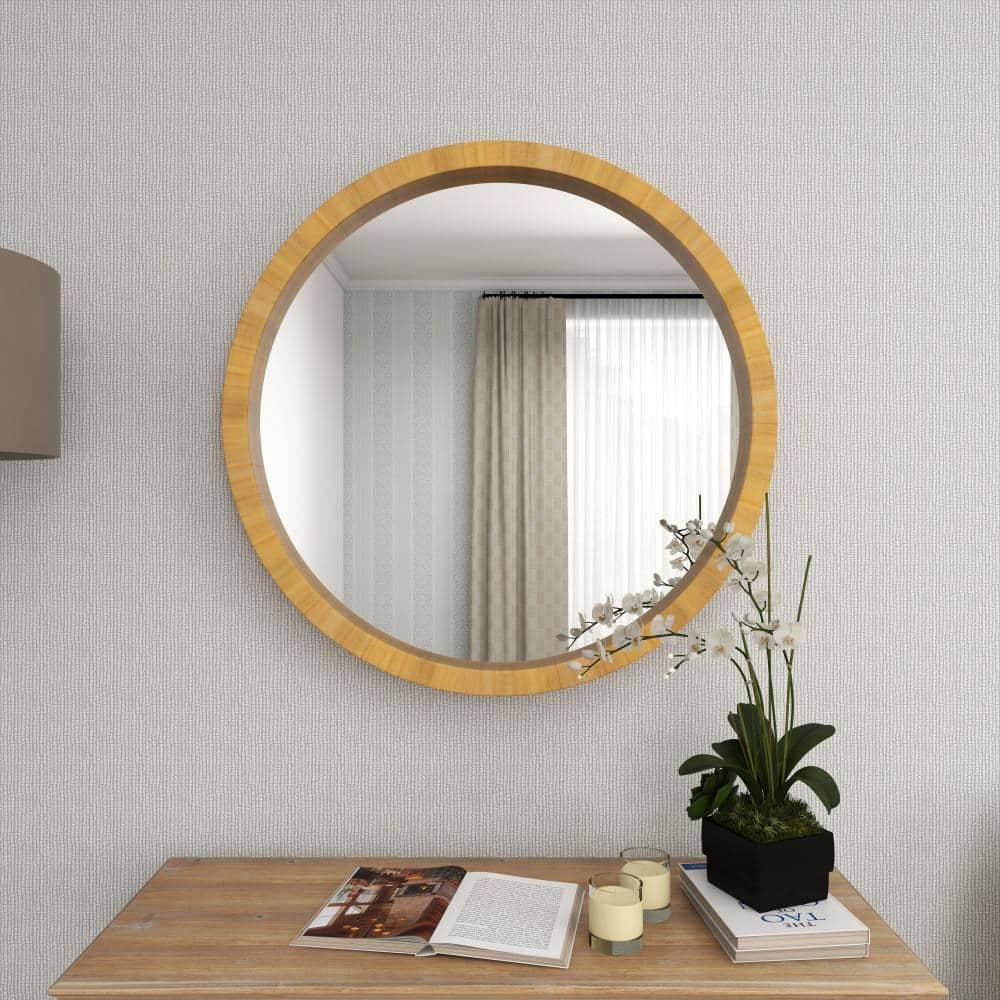 DecMode 32" x 32" Brown Minimalistic Wall Mirror with Natural Wood Grains