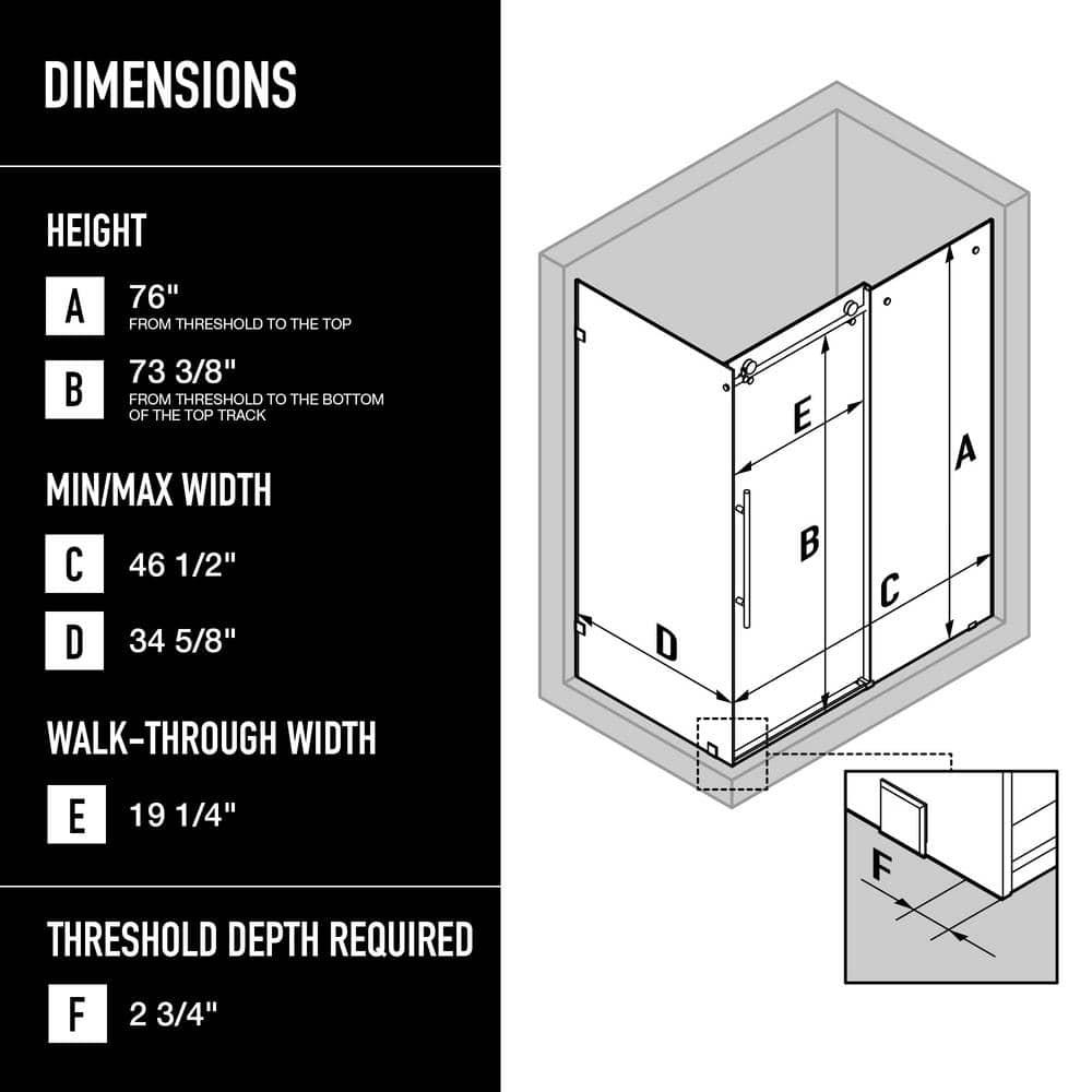 Elan E-class 46" W x 34" D x 76" H Sliding Frameless Shower Enclosure with 3/8" Clear Glass