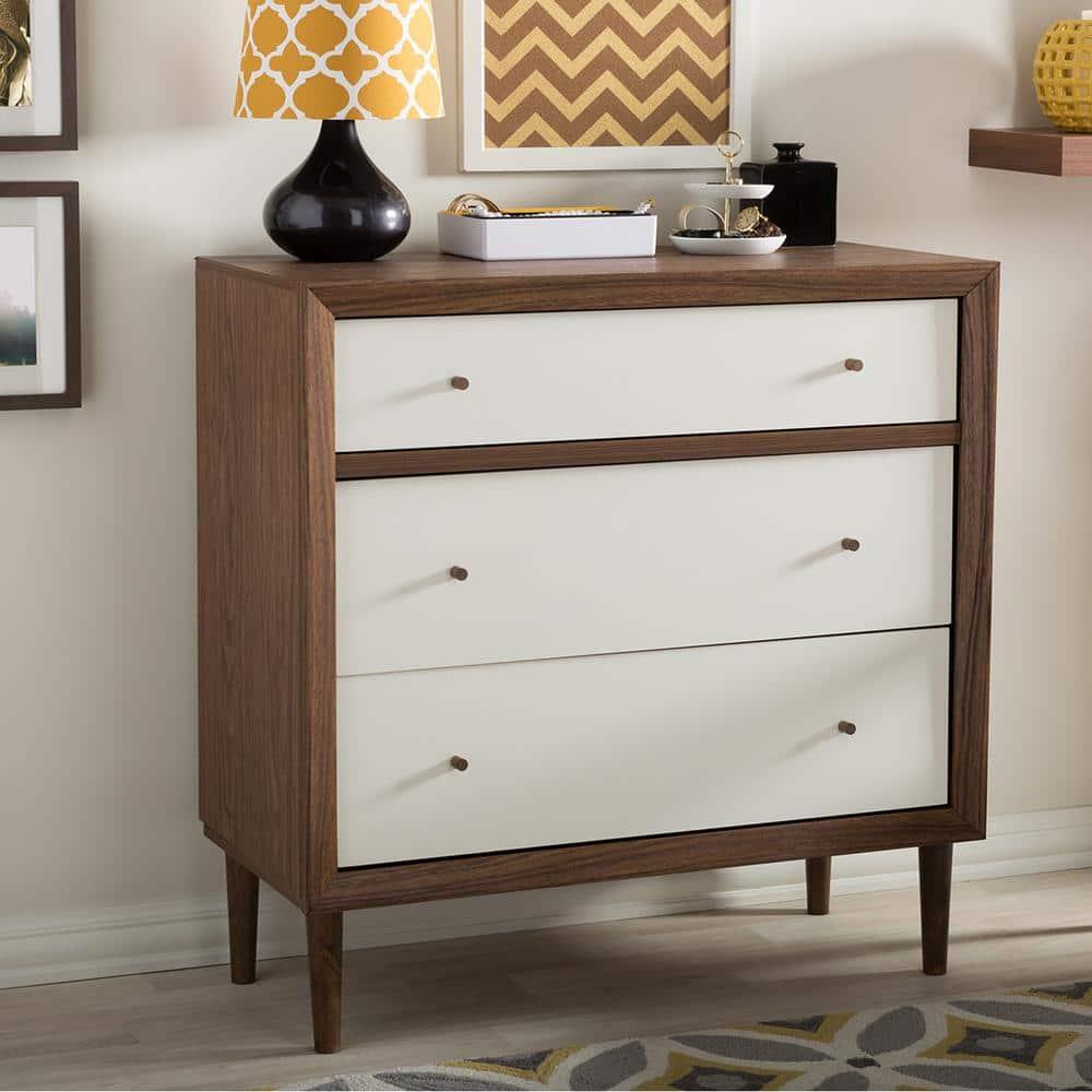 Baxton Studio Harlow Mid-Century Modern Scandinavian Style Wood 3 Drawer Chest White/Walnut : Rubberwood Frame, Spot Clean
