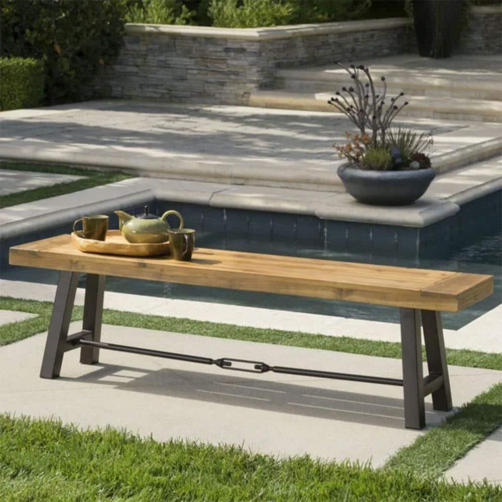 Rustic Black Steel and Acacia Wood Outdoor Bench