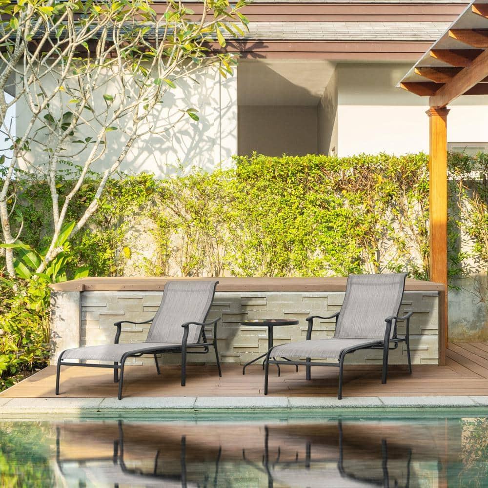 HAPPATIO Patio Chaise Lounge Set 3 Pieces,Patio Lounge Chair with Glass Coffee Table,Pool Lounge Chair with Breathable Textilene Fabric,Patio Chaise Lounge for Patio Backyard Poolside(Gray)