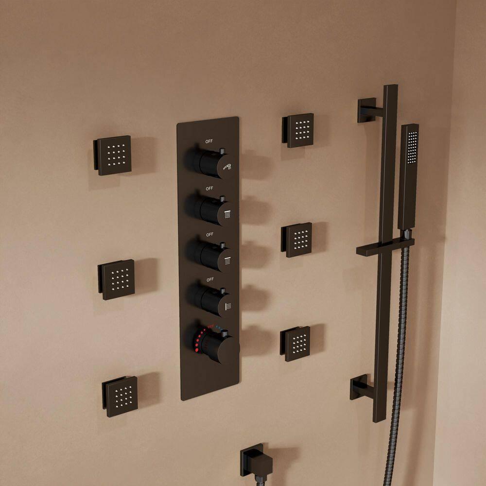 GRANDJOY 16 inch Complete Dual Shower Head System, Celling Mounted Shower Faucet Set with Hand Shower Head, Rough in-Valve, 6 Massage Body Jets - Matte Black