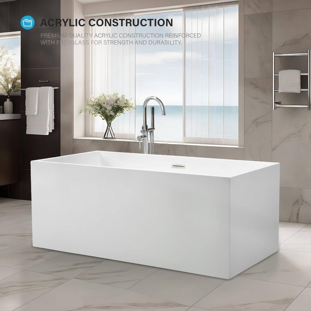 Vanity Art 67" Acrylic Freestanding Soaking Bathtub with Overflow and Pop-up Drain