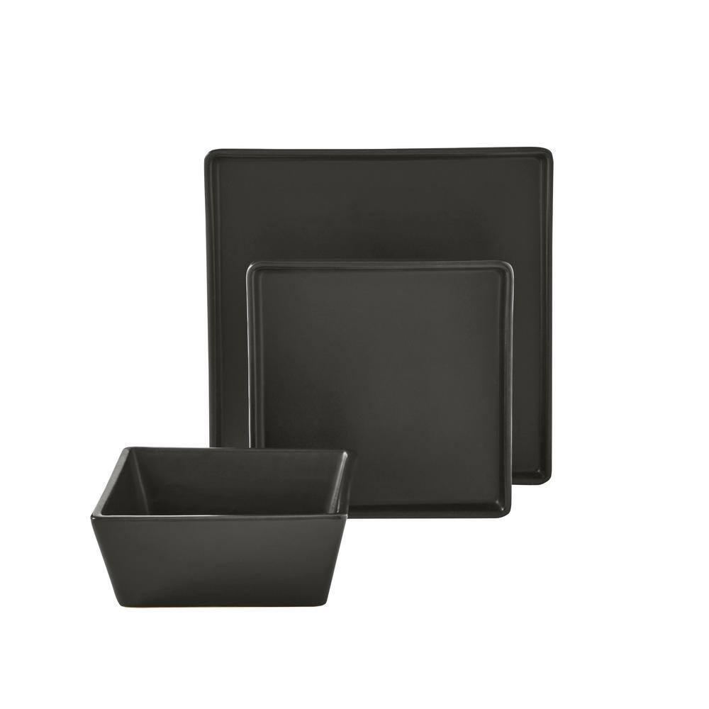 Stone Lain Grace 12-Piece Stoneware Dinnerware Set, Service for 4, Black