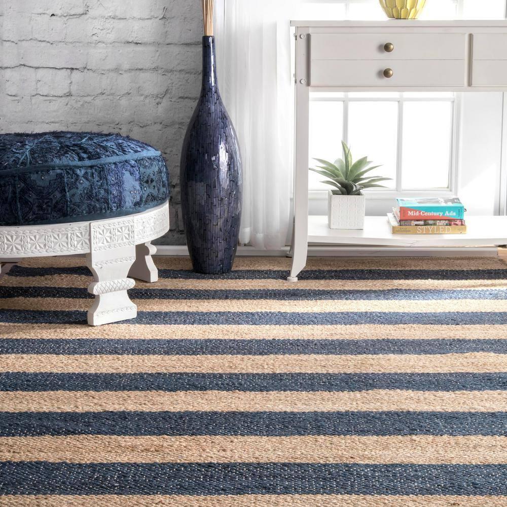 Nuloom Alisia Striped 4x6 Jute Indoor Area Rug for Dining Room Rug Neutral Rug Living Room Rug Kitchen, Denim/Tan