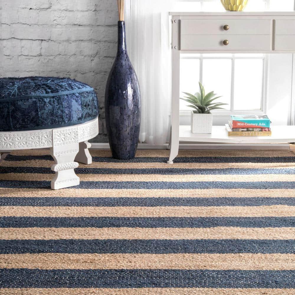 Nuloom Alisia Striped 5x8 Jute Indoor Area Rug for Dining Room Rug Neutral Rug Living Room Rug Kitchen, Denim/Tan