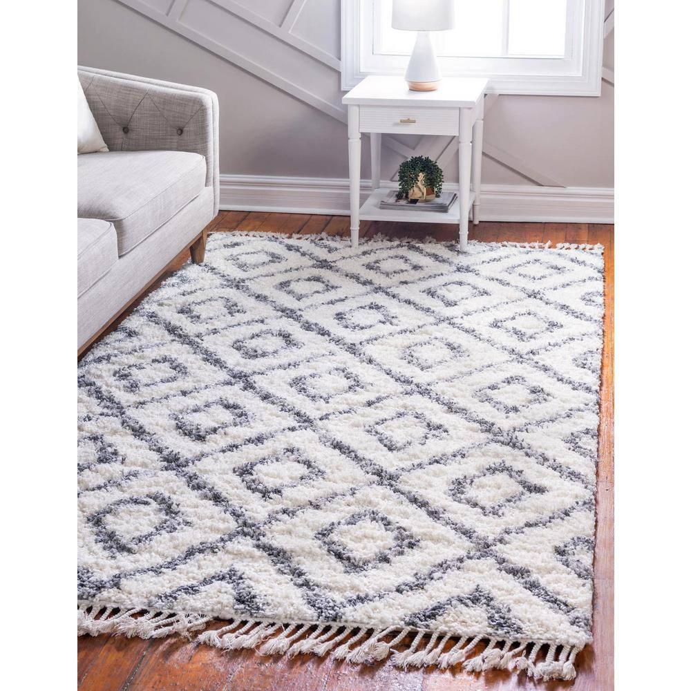 Unique Loom Hygge Shag Collection Area Rug - Diamond (5' 1" x 8' Rectangle, Ivory/ Gray)