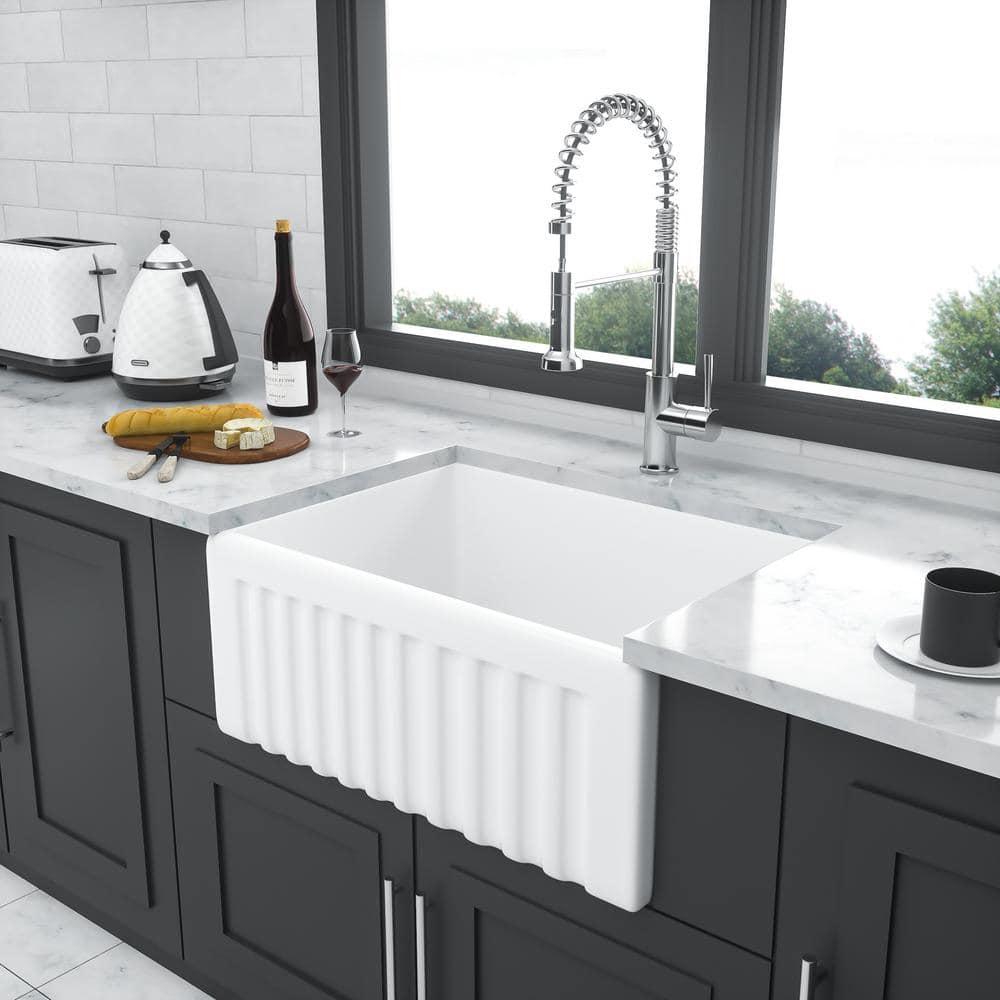 24 Inch Farmhouse Sink , White Farm Sink for Small Kitchen and Laundry, Luxury Fireclay Porcelain Ceramic Apron Sink Single Basin with Bottom Grid and Strainer