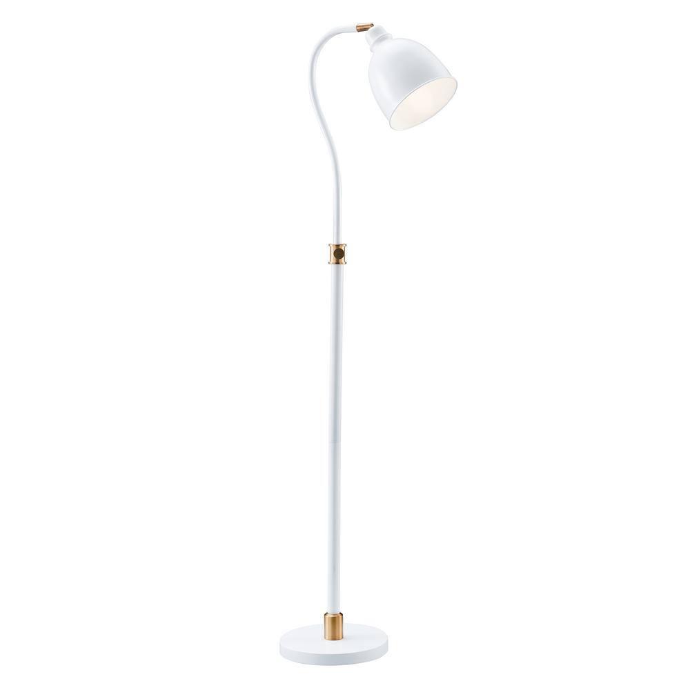 Evelyn&Zoe Vincent Adjustable/Arc Floor Lamp with Metal Shade, Matte White/Brass/Matte White