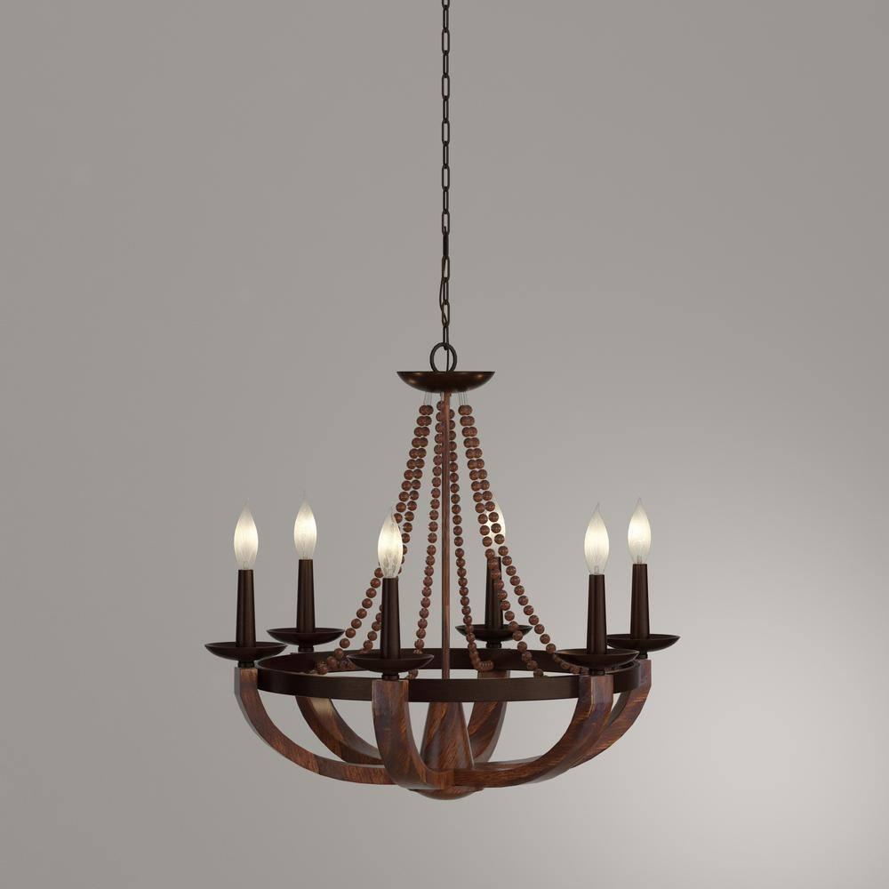 Mini Adan Rustic Iron & Burnished Wood 6-Light Chandelier