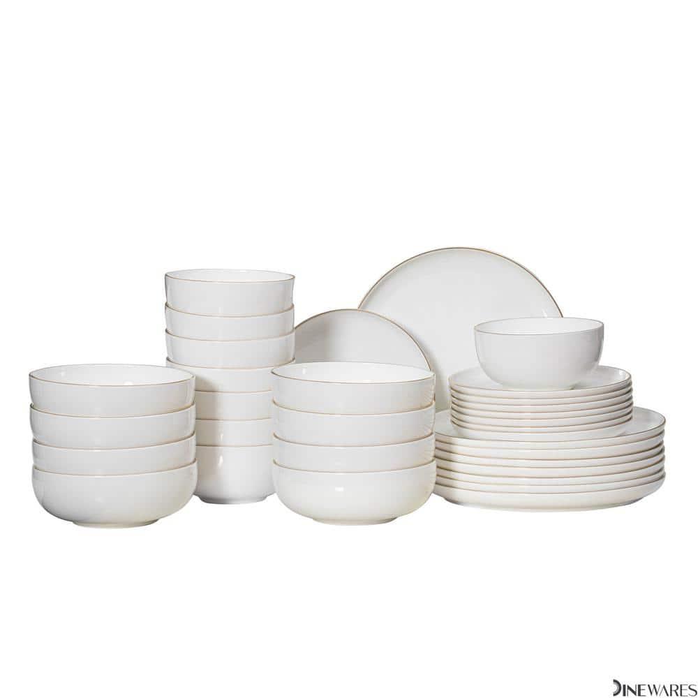 Dinewares White with Gold Rim Bone China Dinnerware Set - Service for 8, Includes Dinner Plates, Salad Plates, and Cereal or Soup Bowls