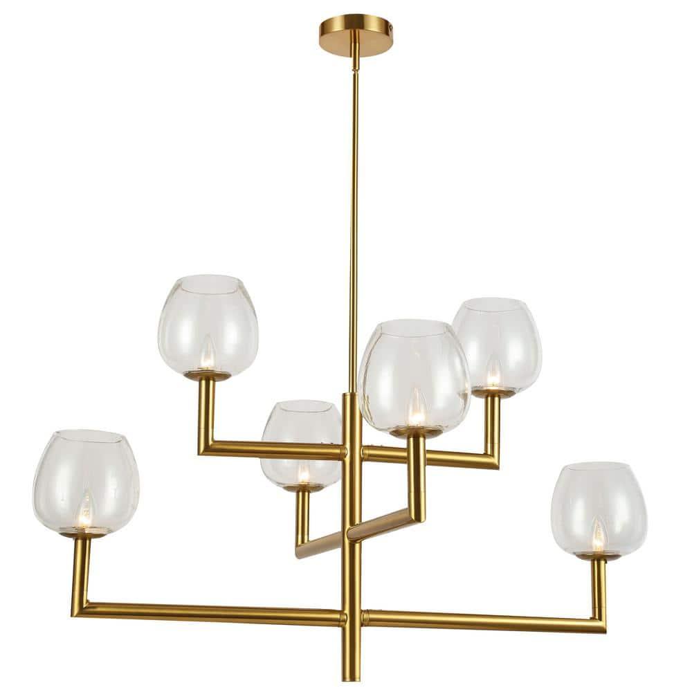 Modern Brass 6-Light Chandelier with Clear Candlestick Shades