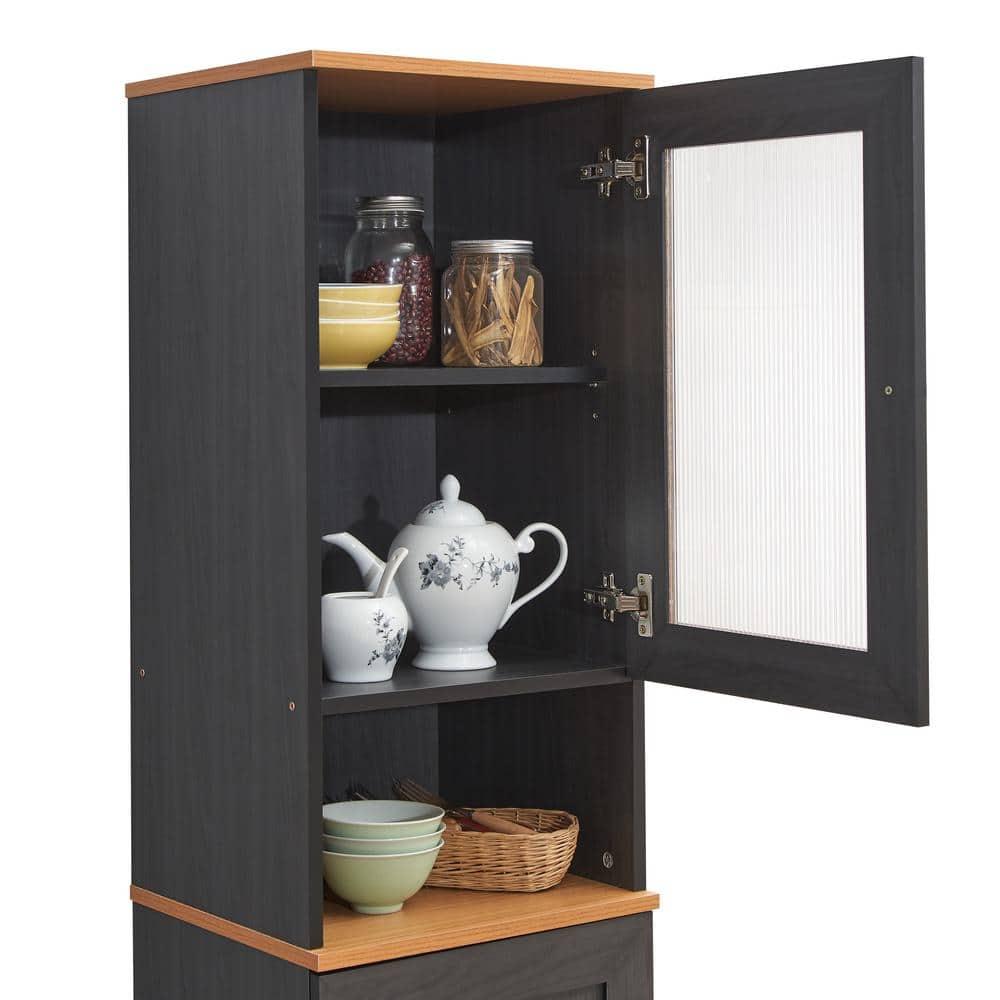 63" Tall Slim Open Shelf Plus Top and Bottom Enclosed Storage Kitchen Pantry in Black-Beech