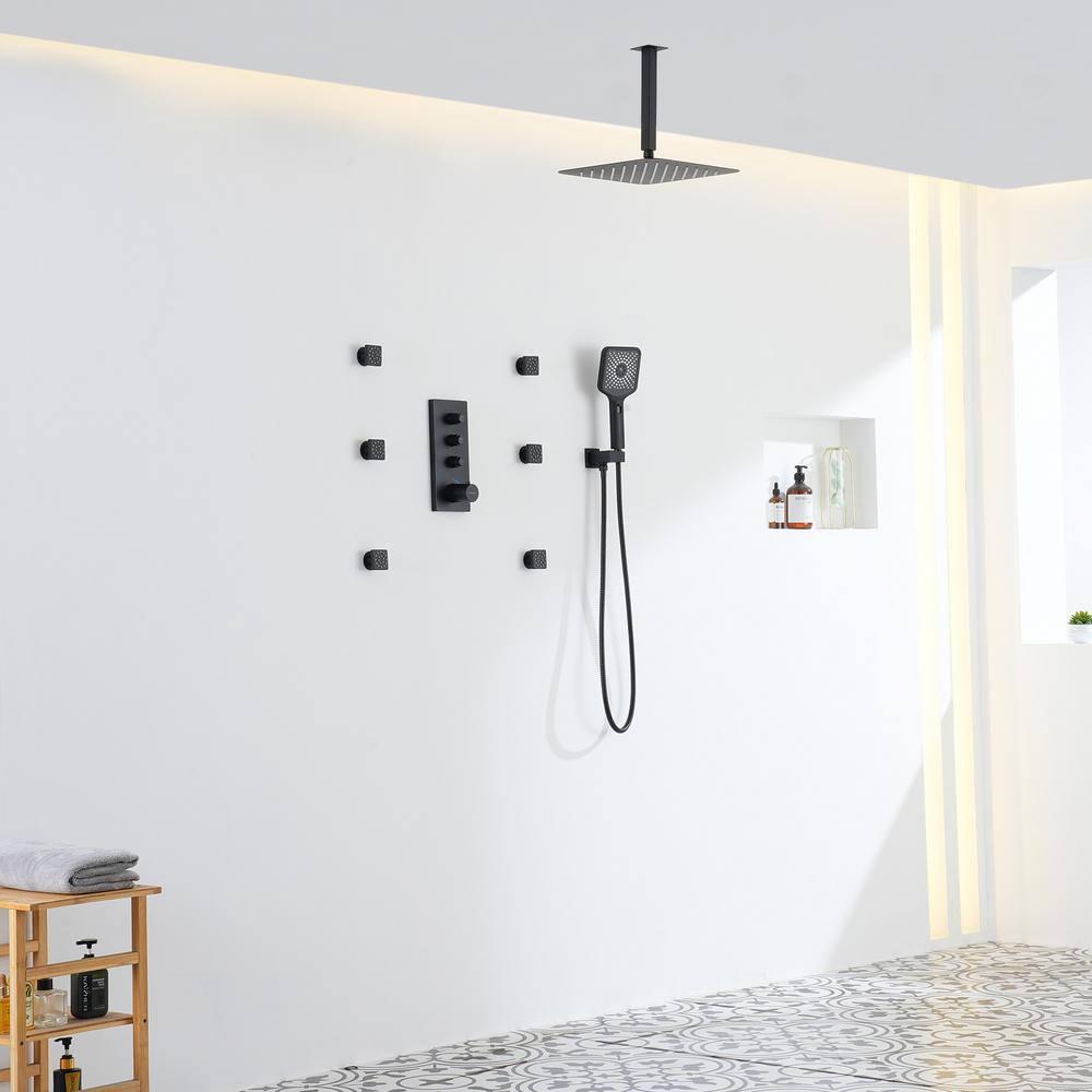 3 Functions 12 Inch Ceiling Mounted Thermostatic Shower System with 6 Body Jets