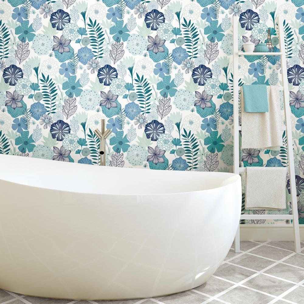 RoomMates Blooms Peel and Stick Wallpaper: Self-Adhesive Vinyl, Modern Floral, Repositionable, 28 Sq Ft Coverage, Blue