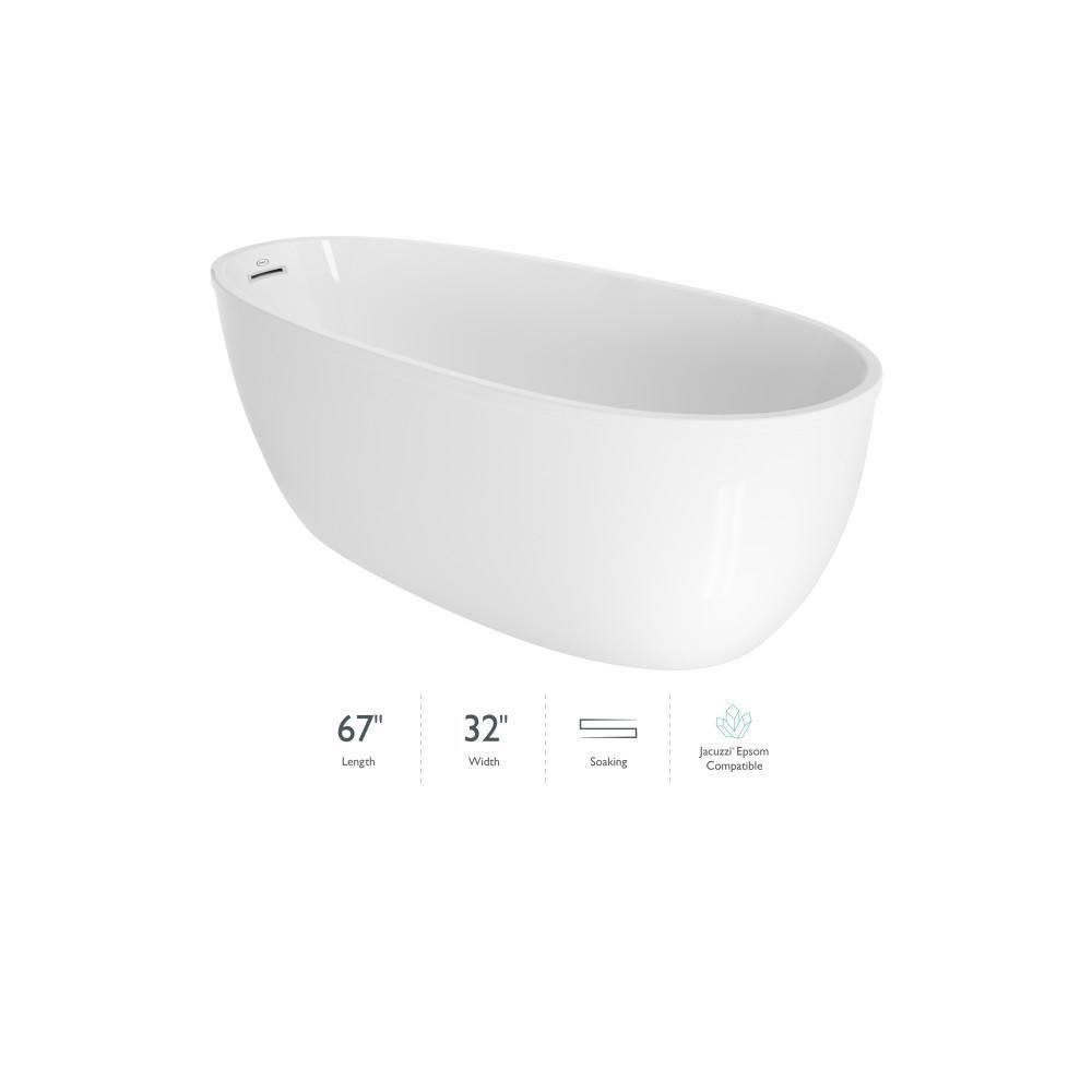 STRETTO 6732 Acrylic Freestanding Soaking Bath Univ End Drain White/White With NW50827 Round Tub Filler Chrome
