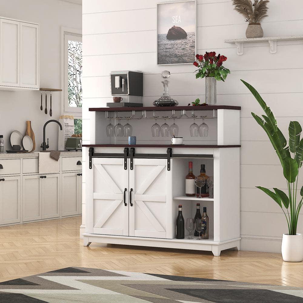 47.24 in. White and Dark Brown MDF Coffee Bar Wine Cabinet with Sliding Barn Door