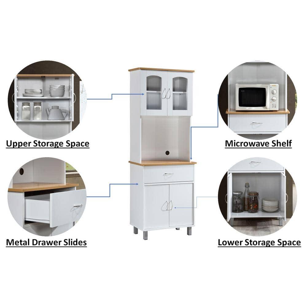 HODEDAH IMPORT Long Standing Kitchen Cabinet with Top & Bottom Enclosed Cabinet Space, One Drawer, Large Open Space for Microwave, White