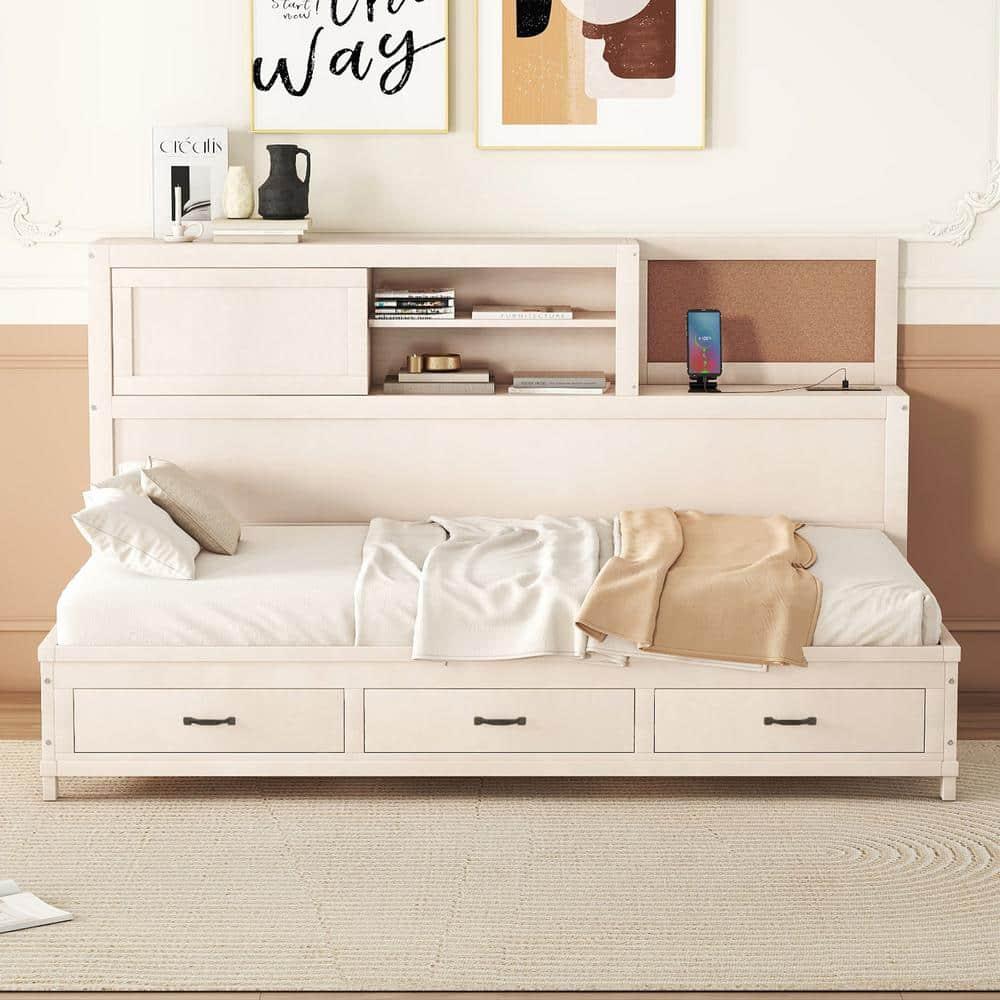 Giantex Twin Daybed with 3 Storage Drawers, Wood Day Bed with Storage Shelves, Cork Board & Sliding Door, Daybed Frame for Kids Adults Guests, No Box Spring Needed, Daybed with Storage, White