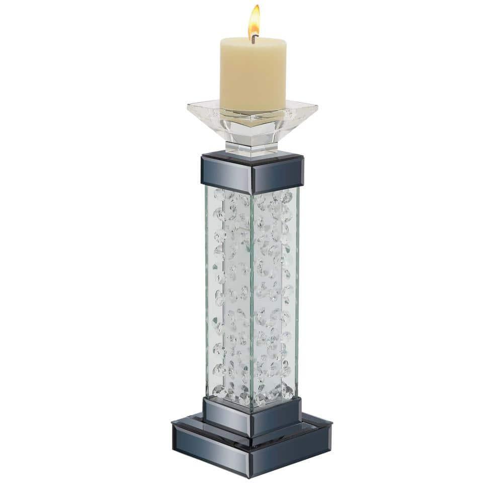 DecMode Silver Glass Pillar Candle Holder with Floating Crystals