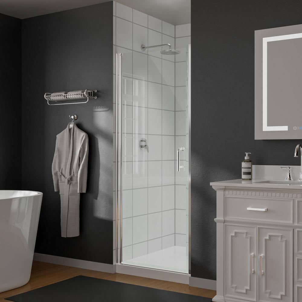 37-3/8 In Semi-Frameless Pivot Shower Door in Chrome With Clear Glass