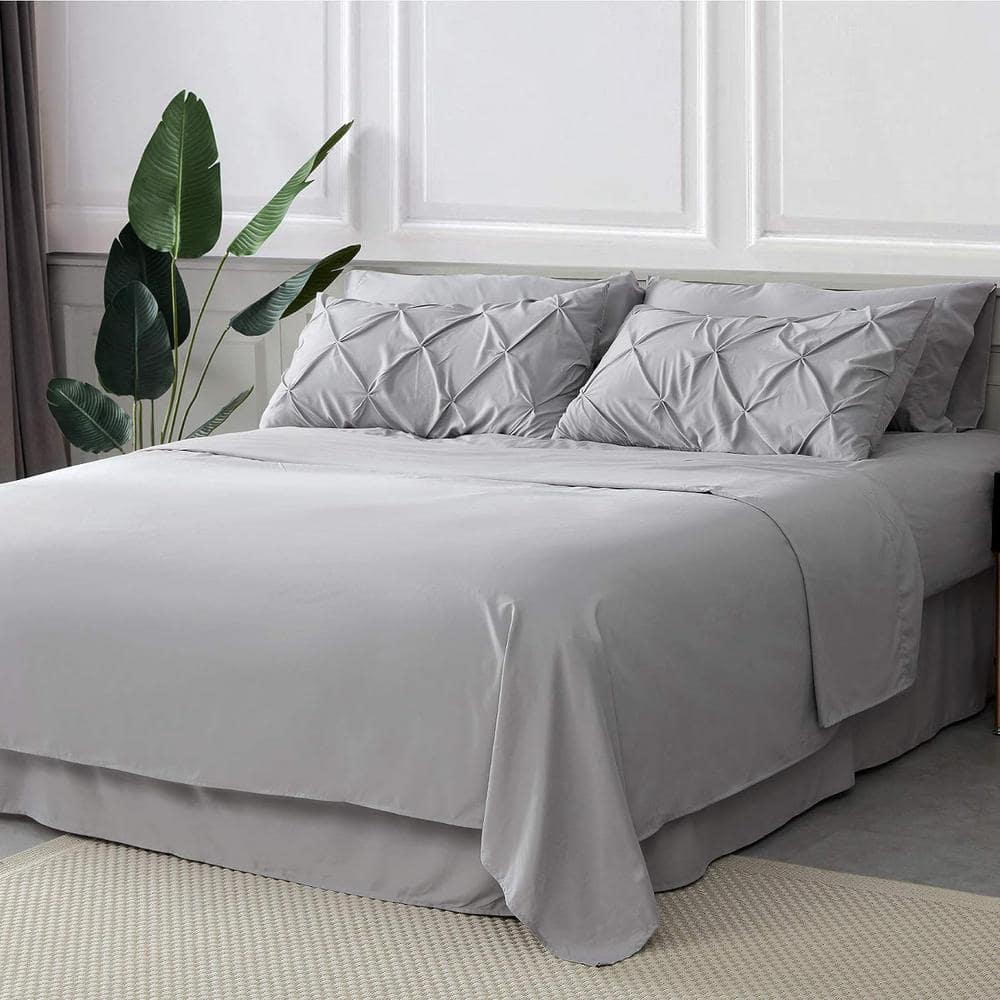 King Size Comforter Set - Bedding Set King 7 Pieces, Pintuck Bed in a Bag Grey Bed Set with Comforter, Sheets, Pillowcases & Shams