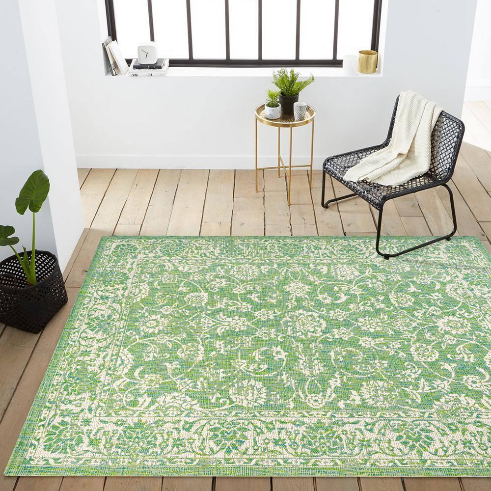 9' x 12' Tela Bohemian Textured Weave Floral Indoor/Outdoor Area Rug, Cream/Green - JONATHAN Y