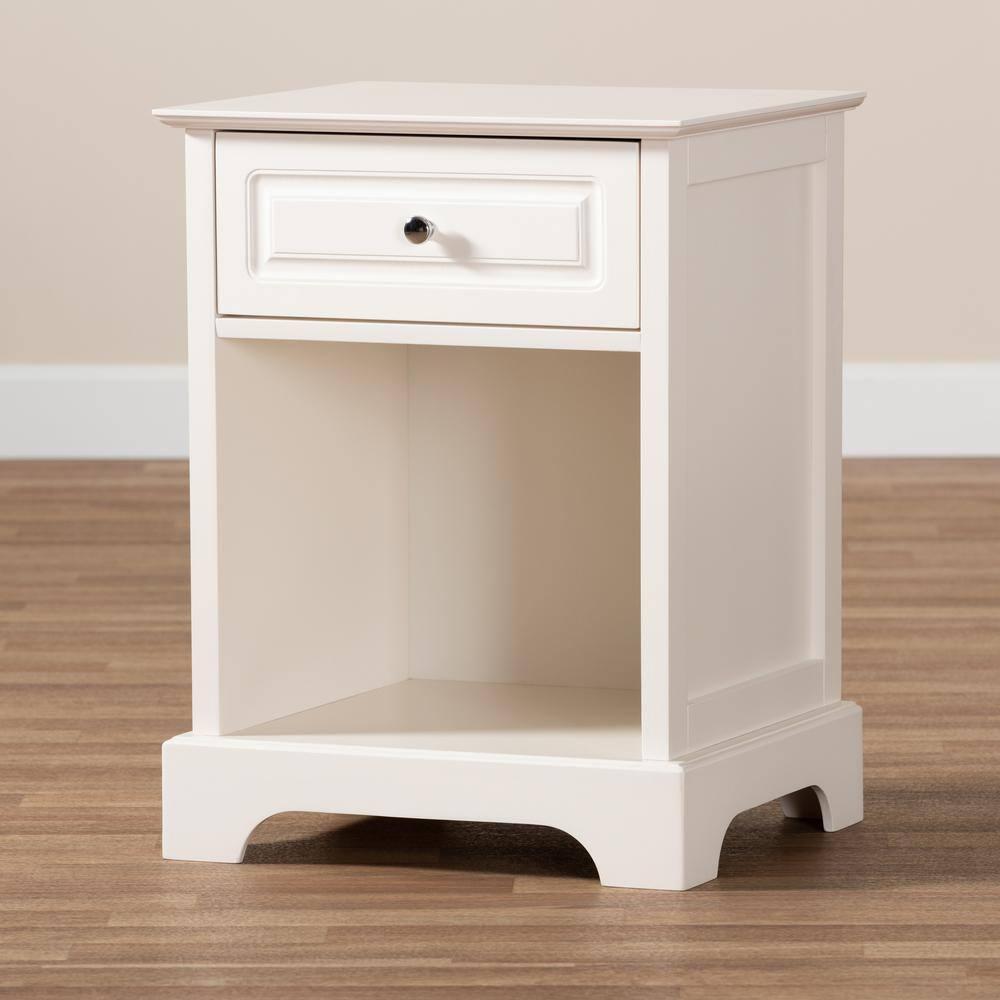 1 Drawer Chase Wood Nightstand White - Baxton Studio: Silver Knob, Open Shelf Storage