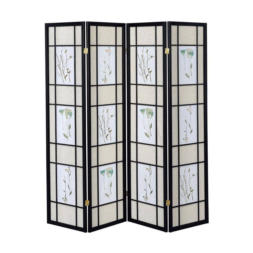 4-Panel Folding Screen with Floral Motif, Multicolor