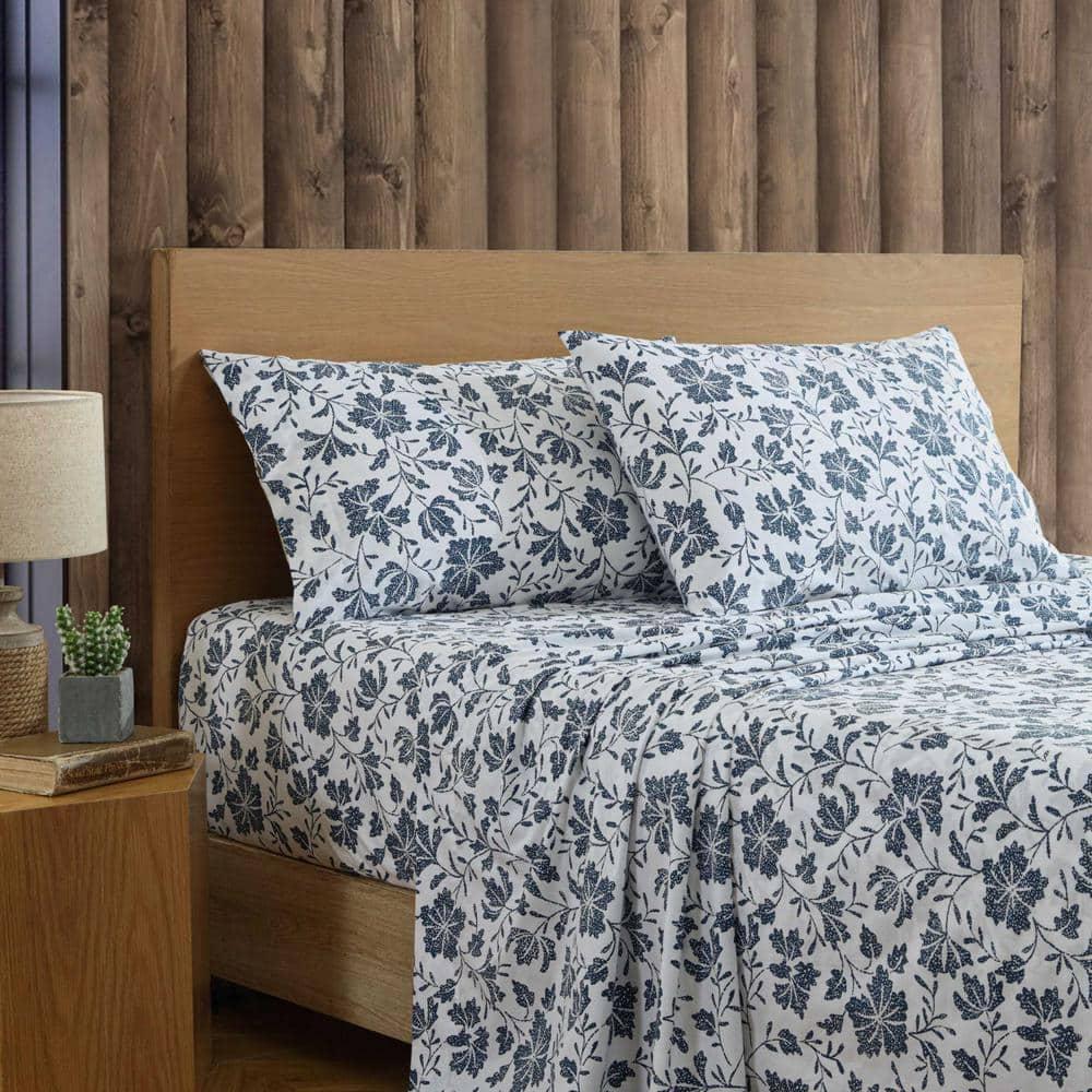 Queen Blue Floral Cotton Percale Deep Pocket Sheet Set