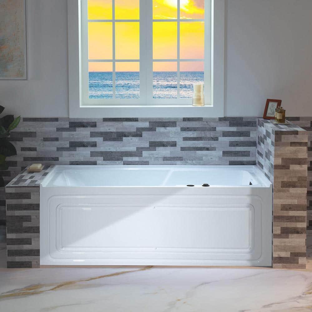 60" x 30" Whirlpool Heated Rectangular Alcove Acrylic Bathtub with Chrome/Matte Black Drain and Overflow