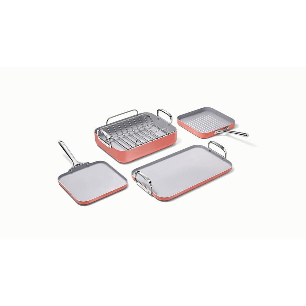 Caraway Home 7pc Square Cookware Set Perracotta: Nonstick Ceramic, Griddle Pans, Roasting Pan, Pot Lid Organizer