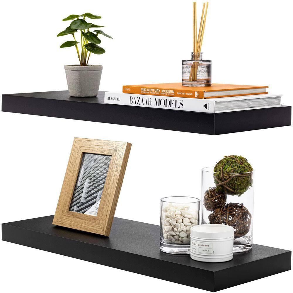 24" Black Solid Wood Floating Wall Shelves Set of 2