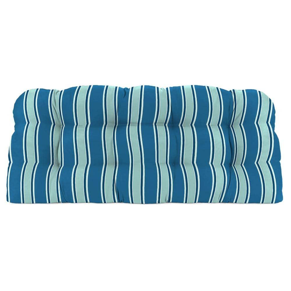 Jordan Manufacturing 44" x 18" Sanders Puff Blue and Gray Green Stripe Rectangular Tufted Contoured Outdoor Wicker Settee Bench Cushion