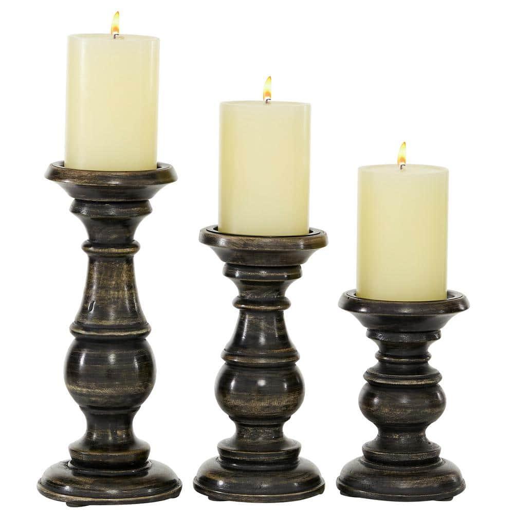 DecMode 3 Candle Black Mango Wood Distressed Turned Pillar Candle Holder, Set of 3