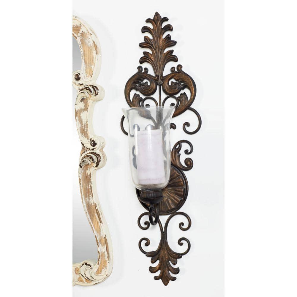 DecMode Bronze Glass Wall Sconce with Scroll Designs