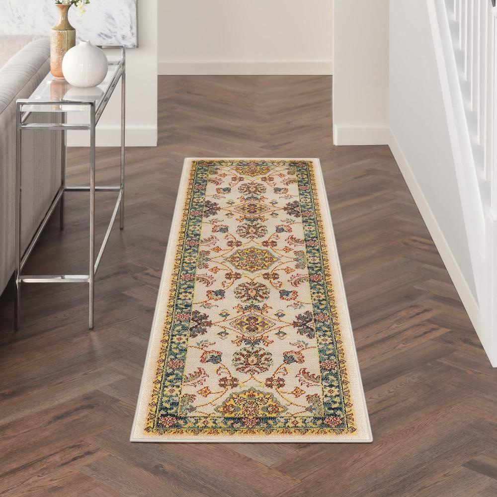 Nourison Essentials Floral Persian Indoor Outdoor Rug Ivory Gold 2'2" x 7'6"