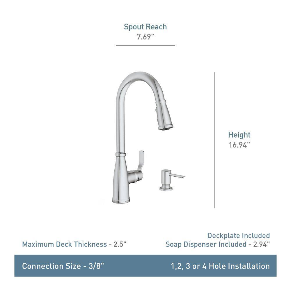 Moen Nolia Chrome One-Handle High Arc Kitchen Faucet with Pull Down Sprayer and Soap Dispenser, Kitchen Sink Faucet Featuring Power Boost Technology, 87071