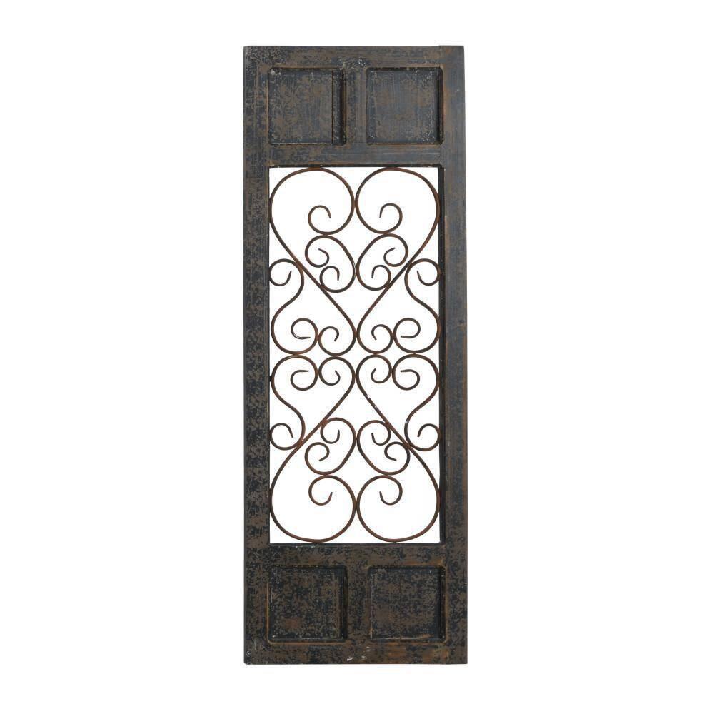 Olivia & May Traditional Wood Scroll Window Inspired Wall Decor with Metal Scrollwork Relief Brown: Vertical Iron Frame, Carved Art Object