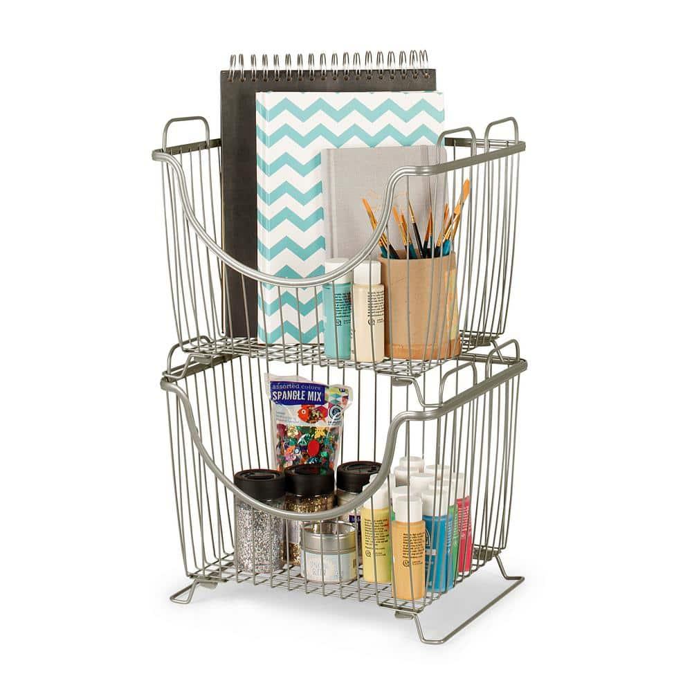 Spectrum Diversified Ashley Steel Stackable Wire Basket with Raised Feet and Looped Handles, Modular Stacking Bin System for Kitchen Countertop and Desk Organization, Large, Satin Nickel