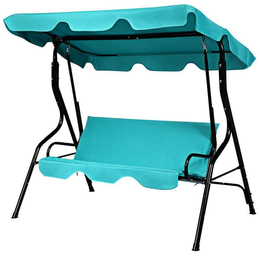 Tangkula 3-Seats Outdoor Glider Hammock with Adjustable Waterproof Canopy Aluminum Frame Patio Swing Chair Blue