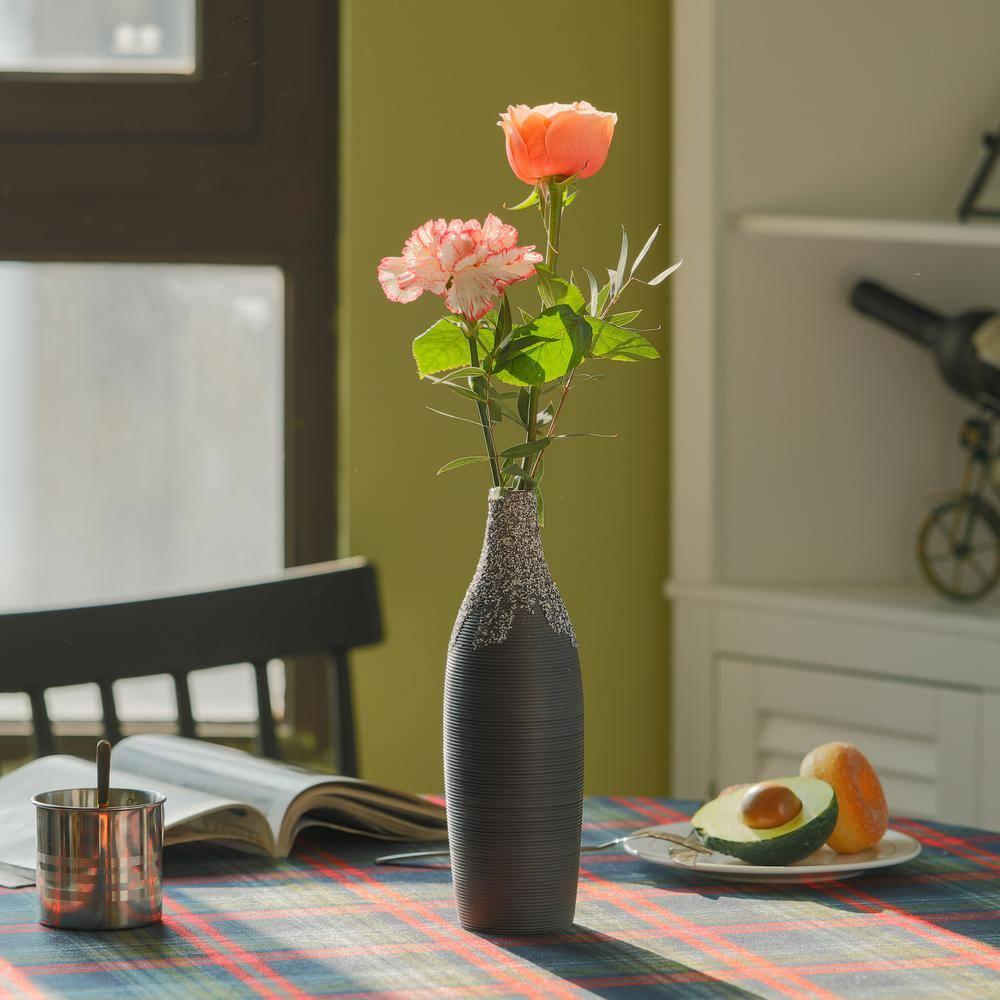 Uniquewise 9 Inch Modern Decorative Ceramic Table Vase Ripped Design Bottle Shape Flower Holder, Black