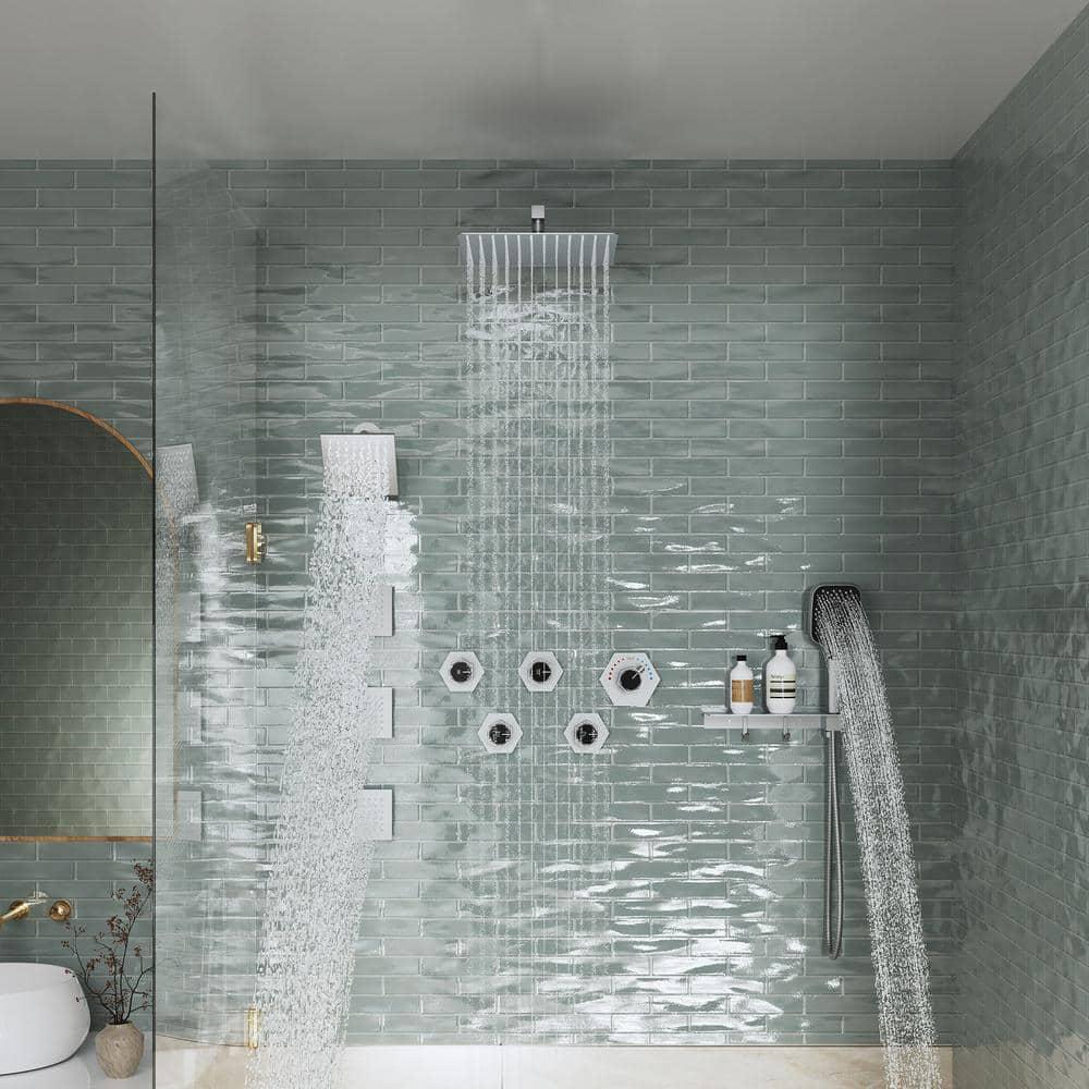 Brushed Nickel Large Dual Shower Head System with Handheld and Body Jets